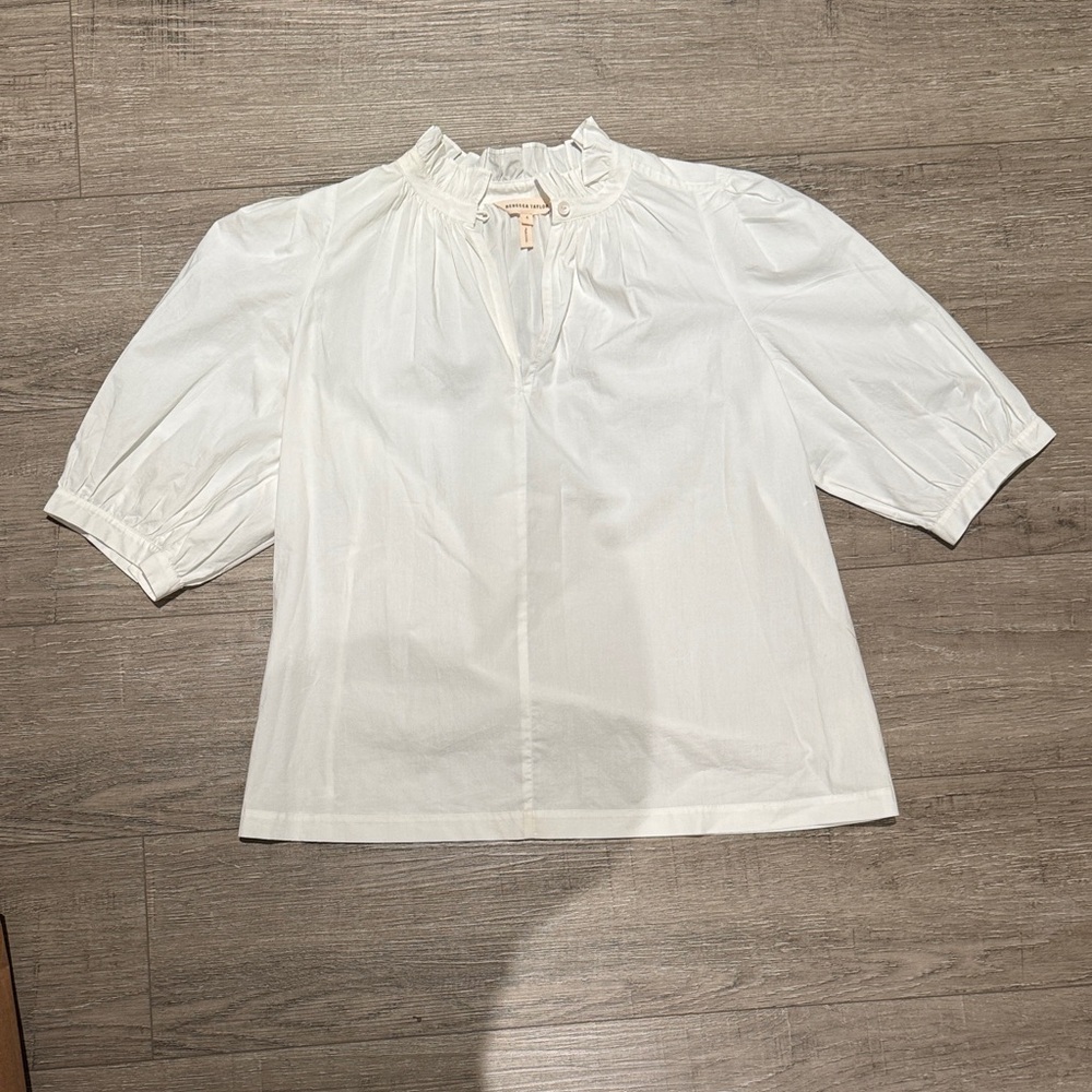 Rebecca Taylor White Ruffle Neck Puff Sleeve Blouse